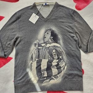 Gray V-Neck Sweater with Graphic Design